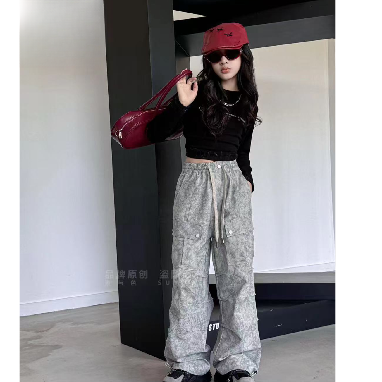 505955 米灰 韩版男童女童新款秋款时尚儿童洋气百搭休闲工装裤