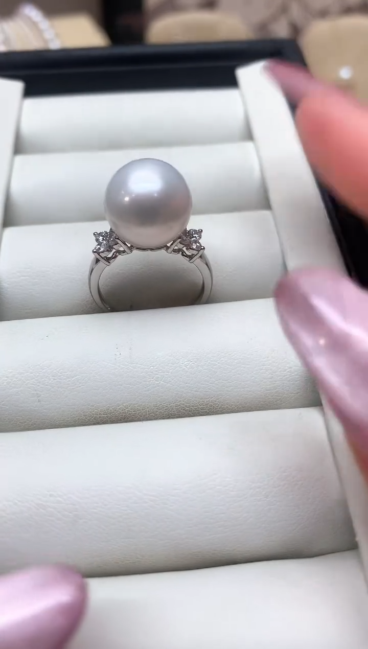 银S925镶嵌戒指淡水珍珠12-13mm