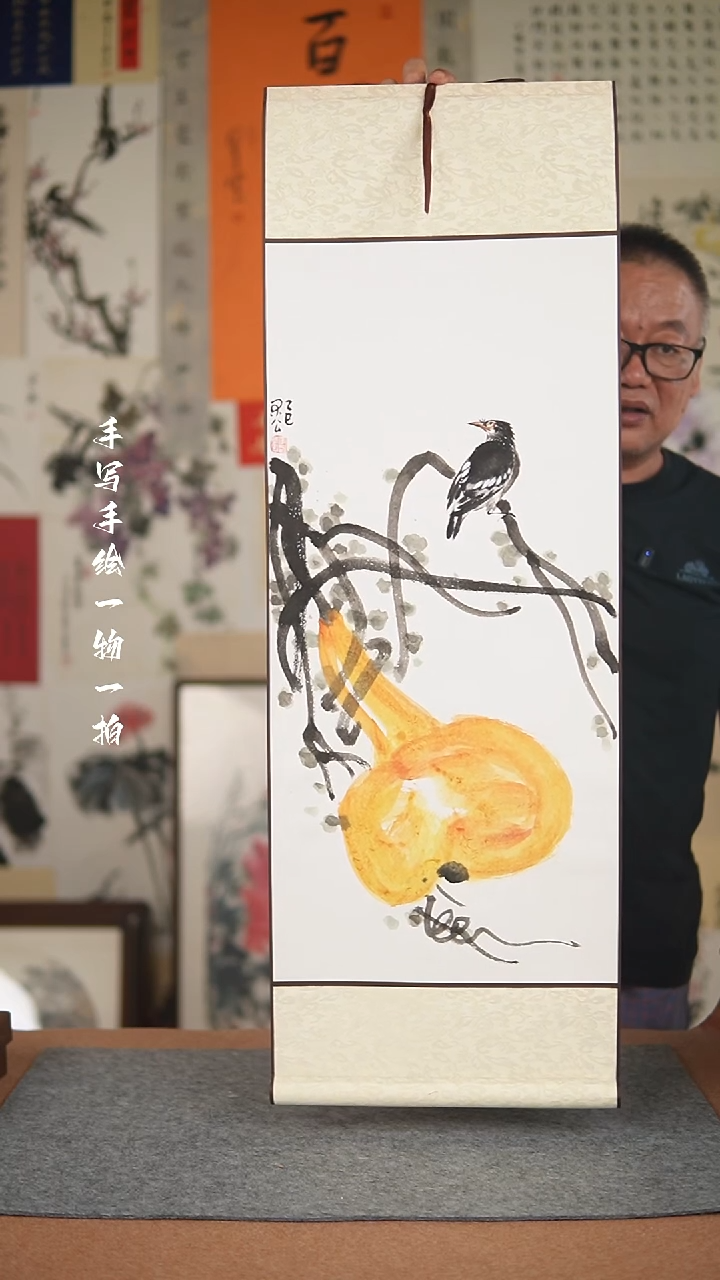 国画手绘-32*95卷轴花鸟