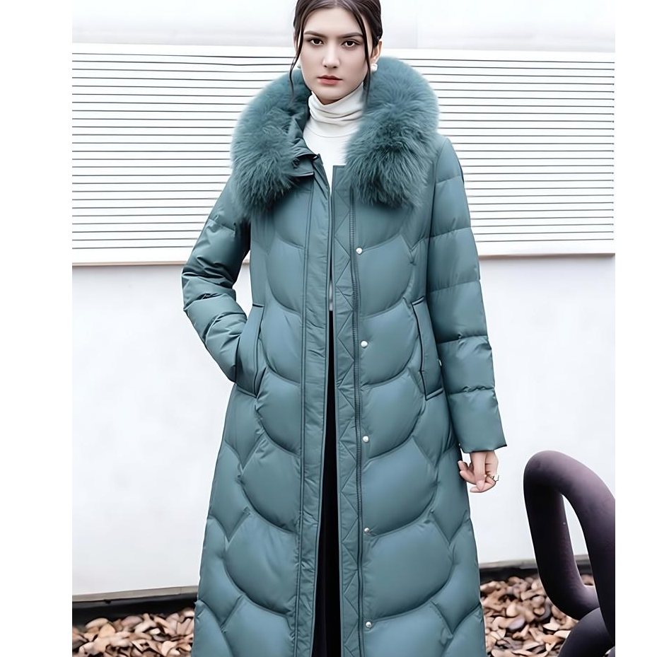 雪雕优品2025秋冬新款长款连帽加厚保暖冬季大毛领鸭绒羽绒服208