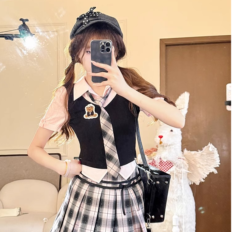 【破价秒发】jk制服套装假两件上衣女夏季格子百褶短裙两件套