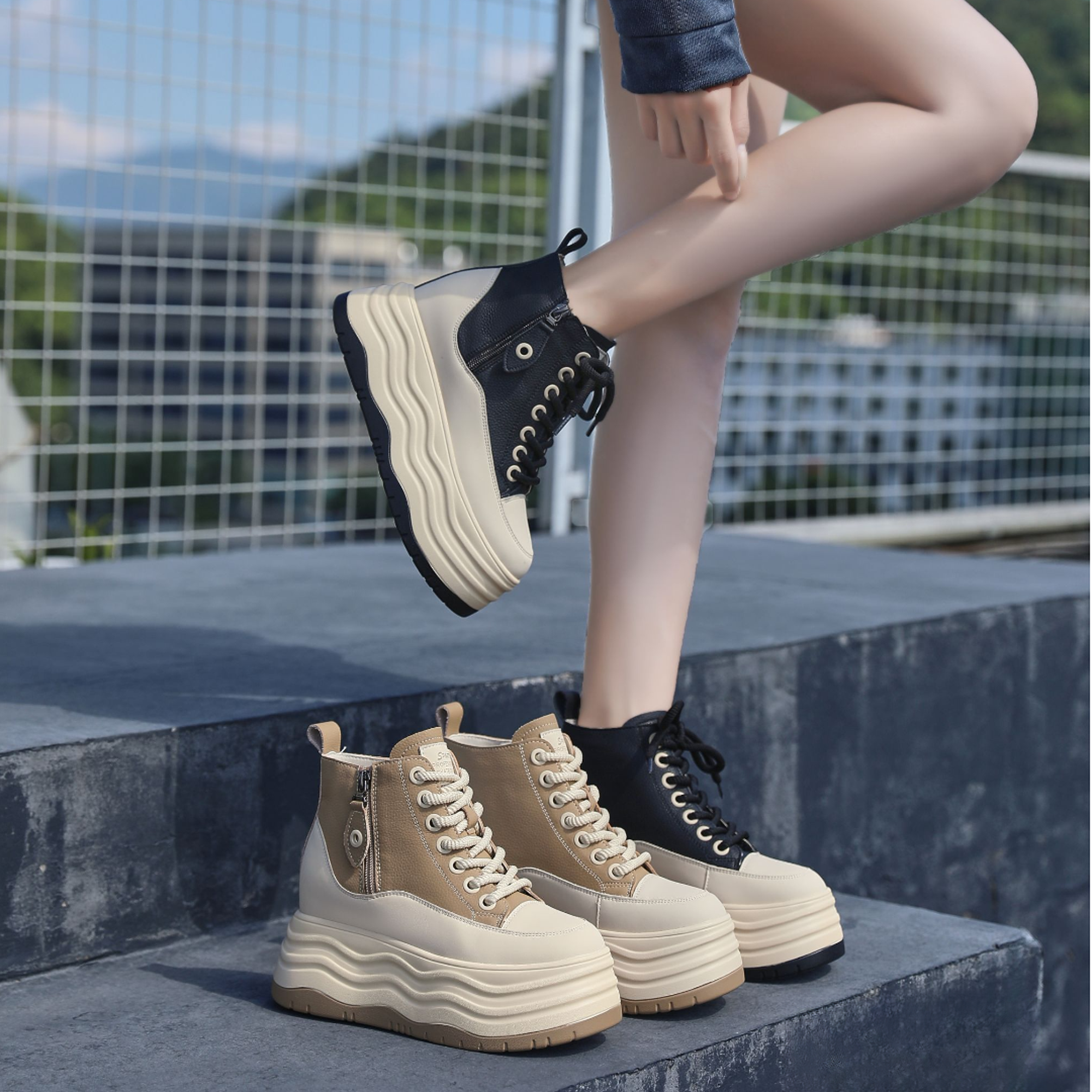 高蒂秋冬新款加绒内增高休闲百搭板鞋小个子高帮波浪底244323-802