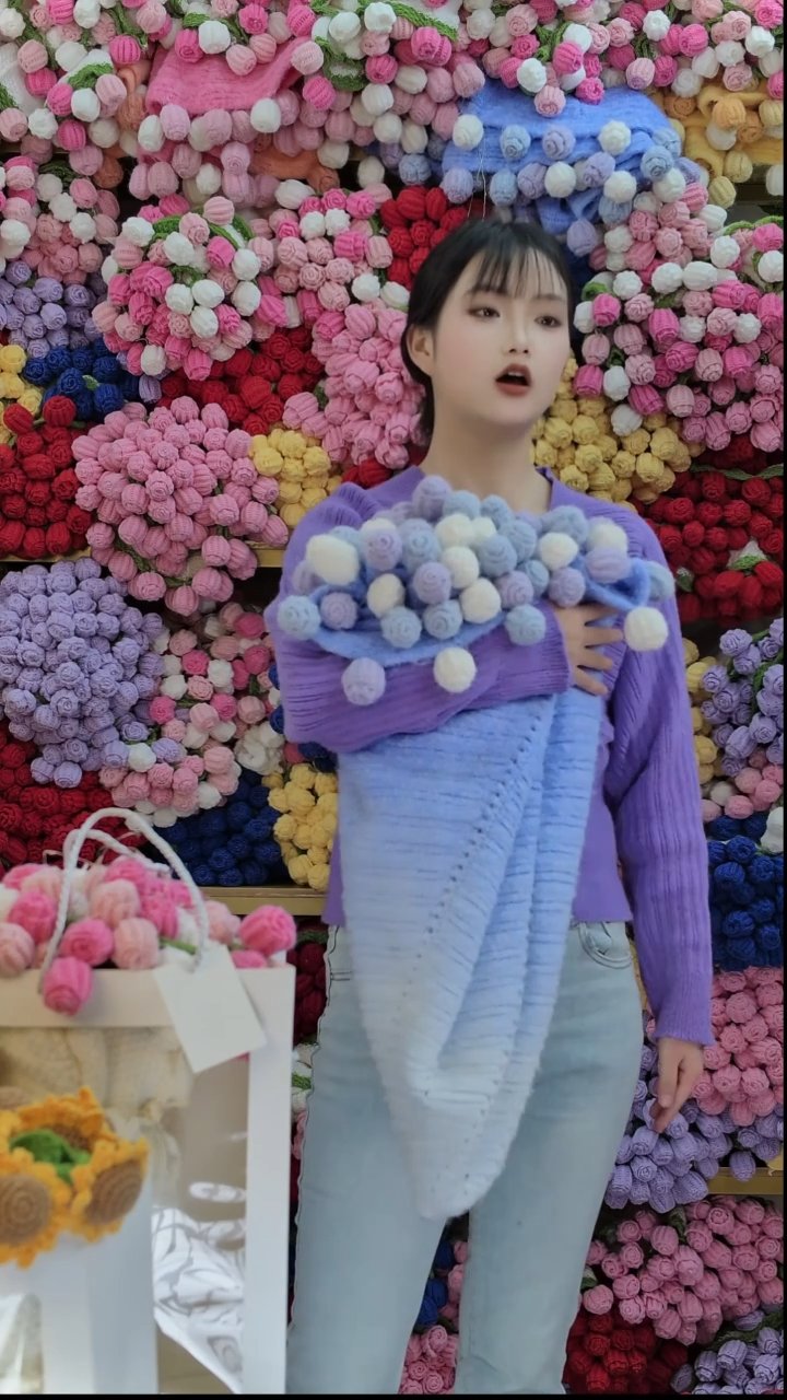 羊驼毛手工编织渐变玫瑰花毯子