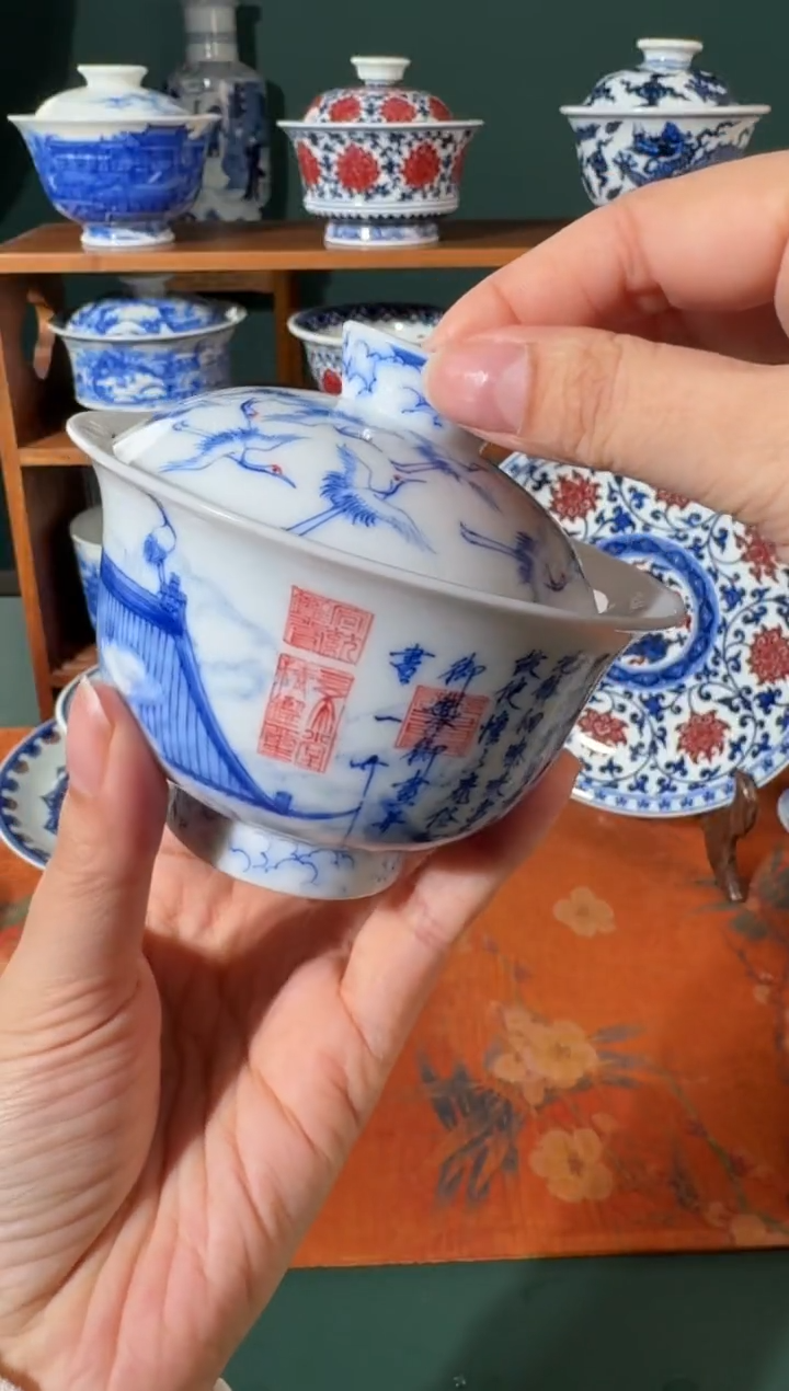 【闪购商品】杯画堂春瑞鹤图盖碗