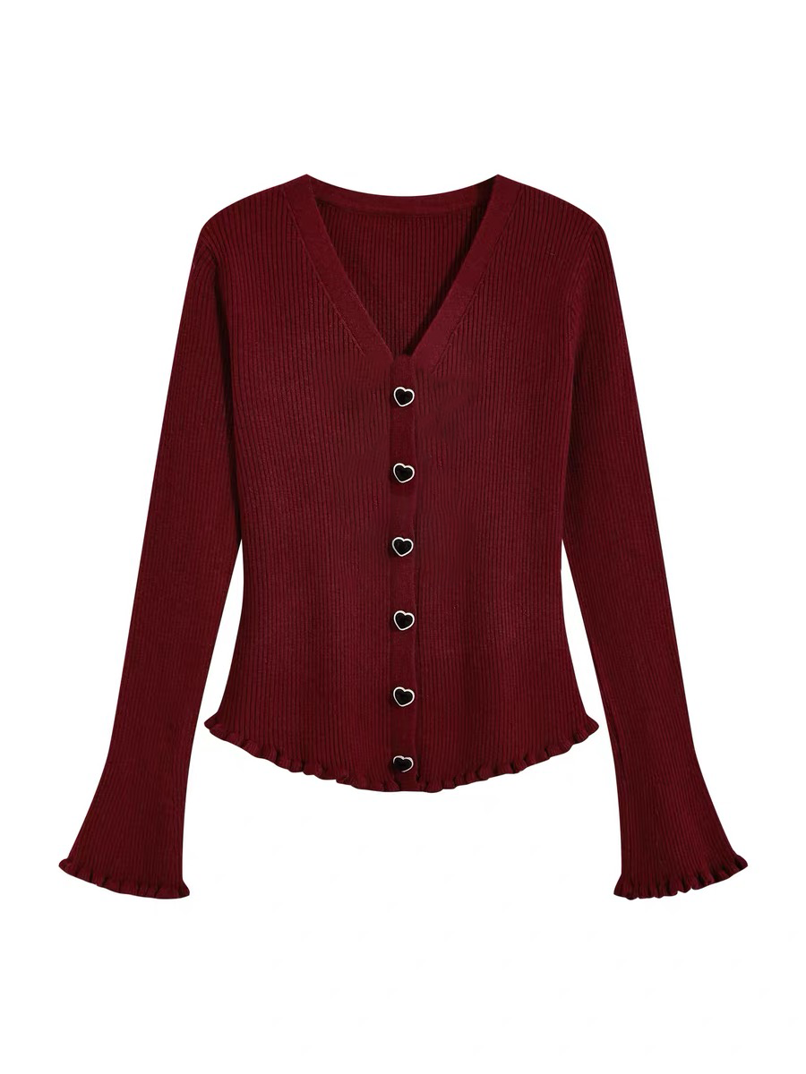 MeiQi 欧货站！法式小香风爱心扣V领小众设计感荷叶边针织衫A4049