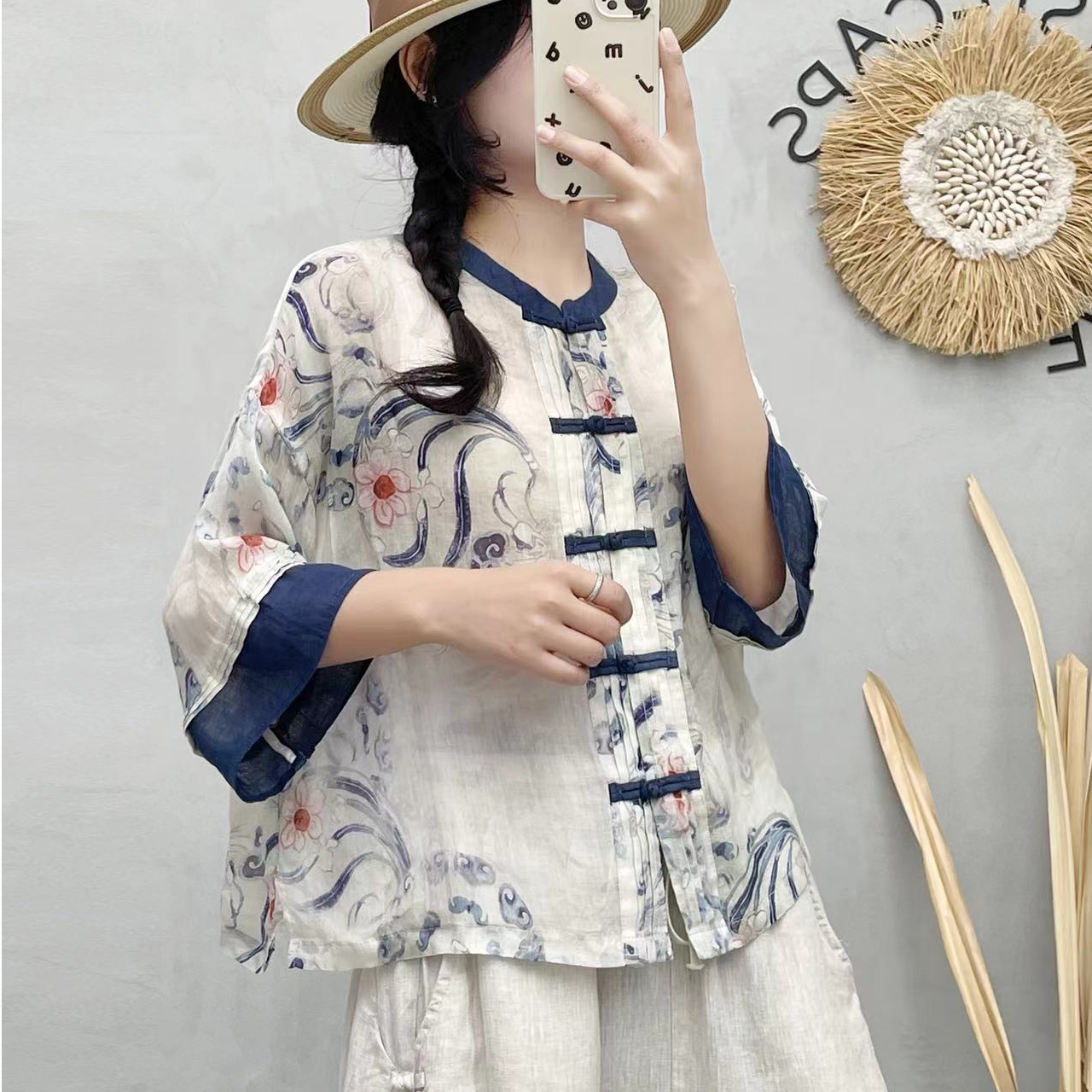 2025春夏新款复古苎麻印花撞色盘扣衬衫女文艺新中式百搭上衣