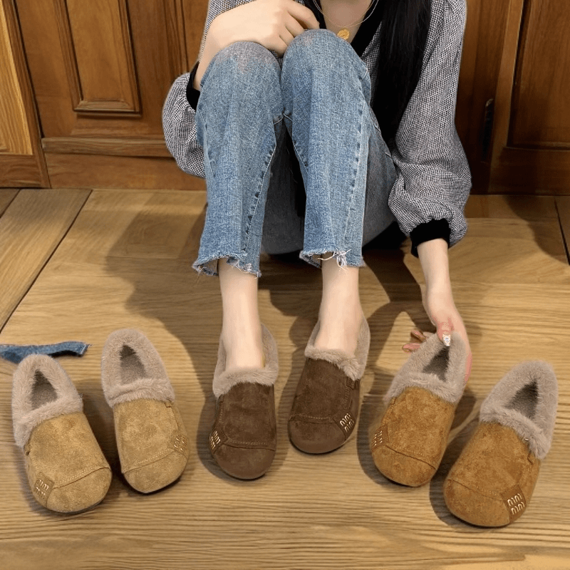 休闲棉鞋冬季布鞋休闲风纯色一脚蹬毛毛鞋棉靴毛靴yd