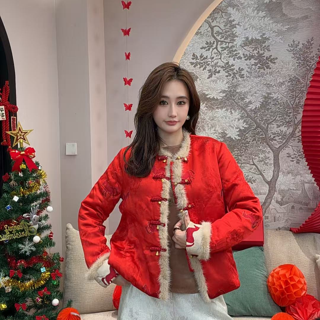 米乐家“秋冬新款新中式国风加棉女士长袖上衣19622F