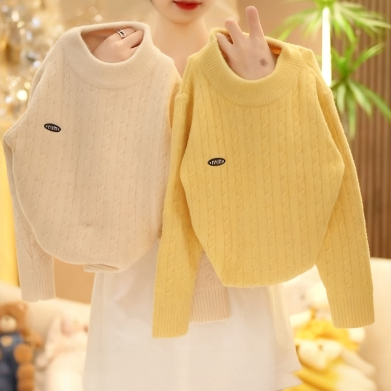 【米小洛】韩版童装2025冬季新款女童针织打底衫圆领字母刺绣毛衣