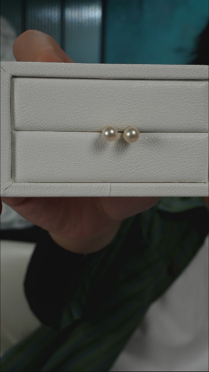 银S925镶嵌耳钉海水珍珠AK羽皇金素钉6.5-7mm