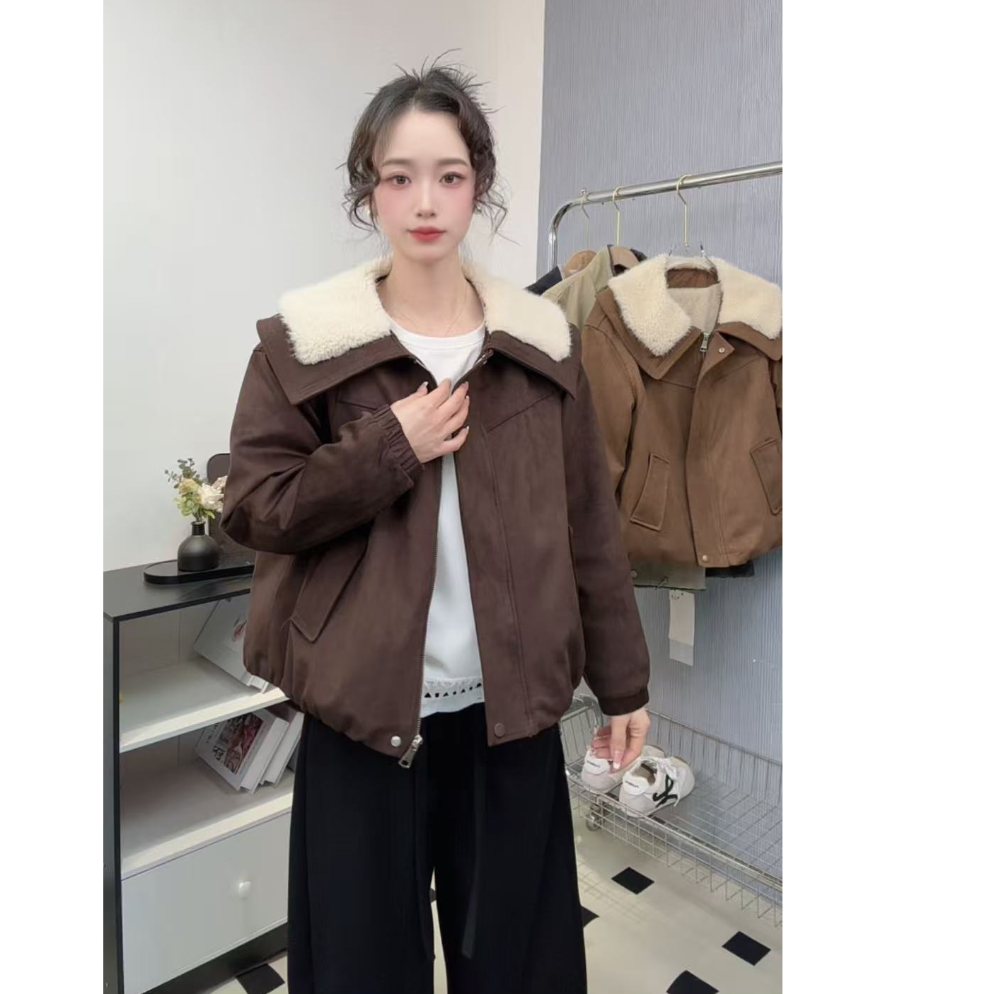 大码麂皮绒外套女冬季新款宽松显瘦洋气上衣加绒加厚保暖翻领上衣