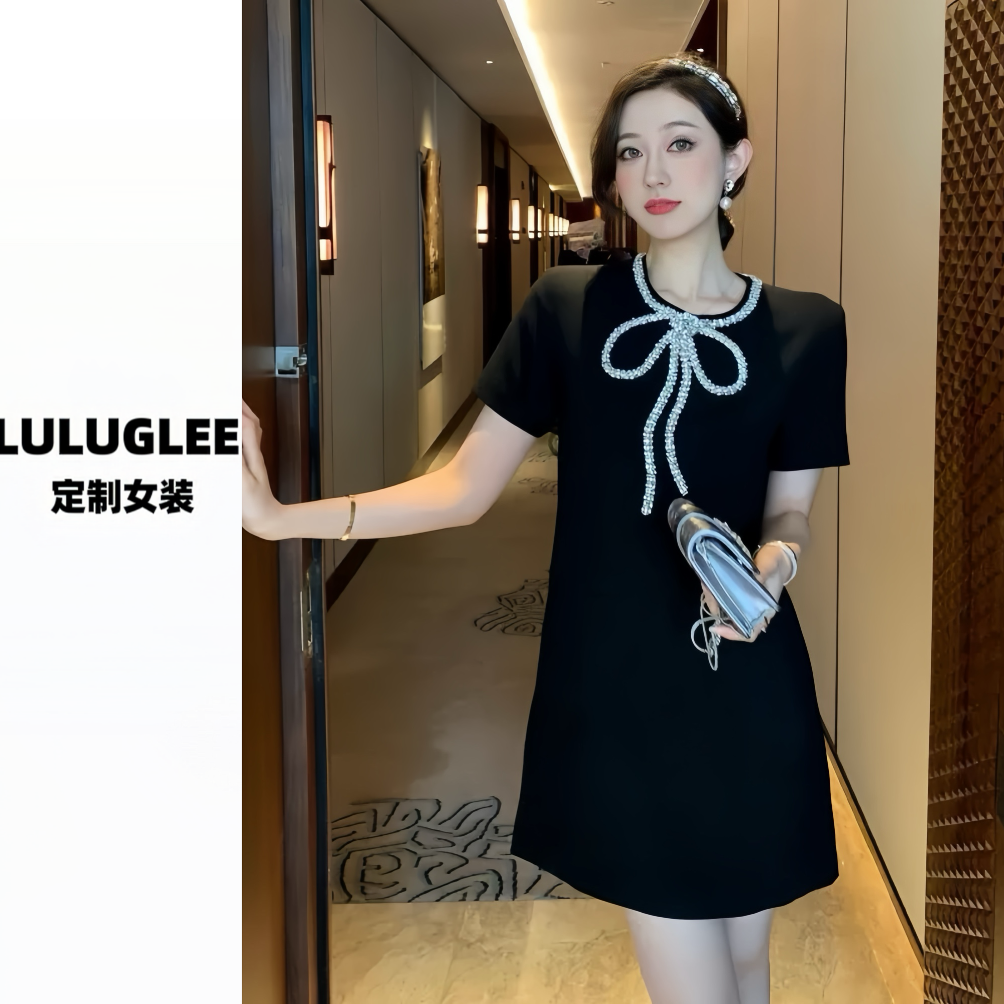 2025春夏款重工水钻蝴蝶结连衣裙女名媛高级气质小香风短裙