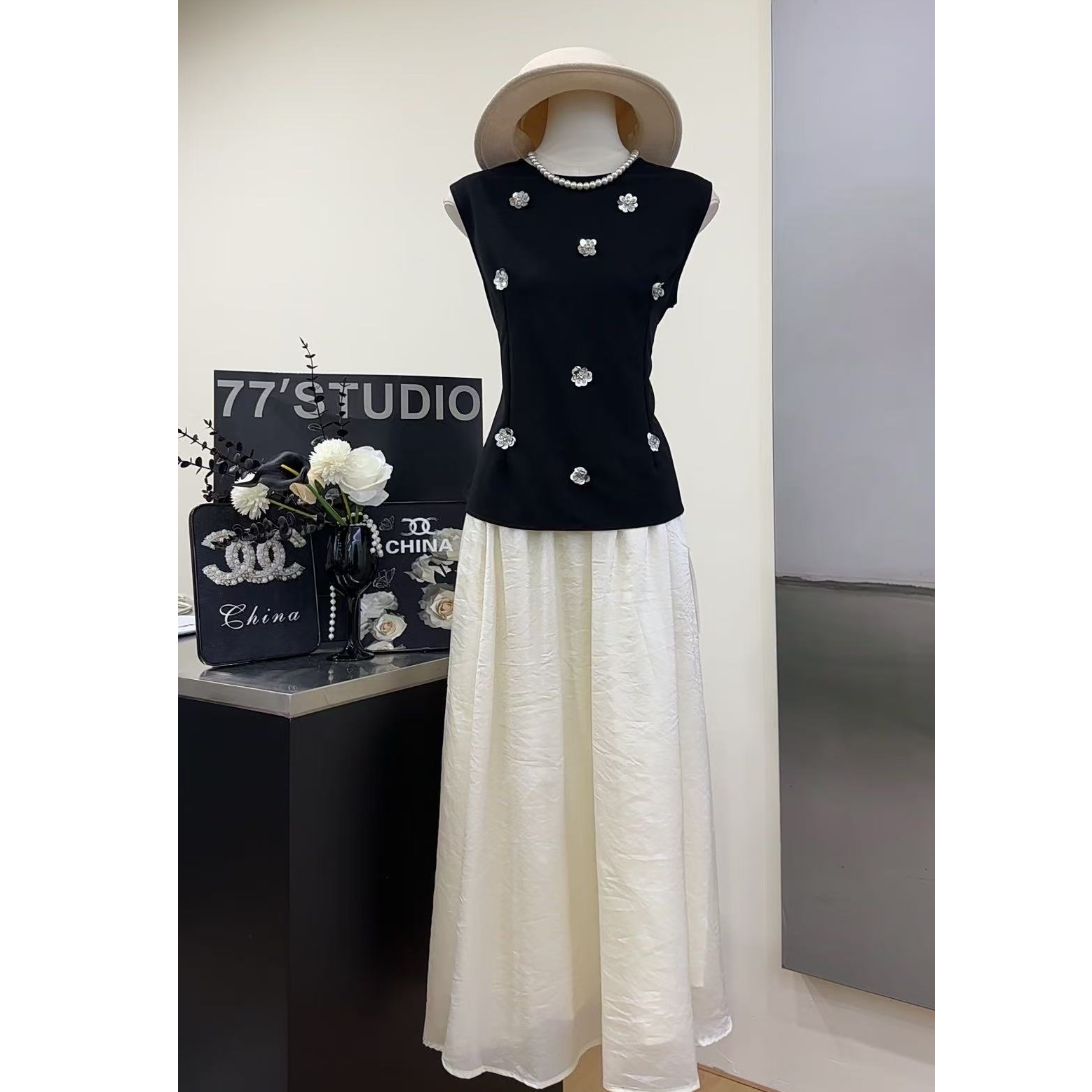 【仲夏花园】法式重工立体花朵收腰修身上衣+半裙-702