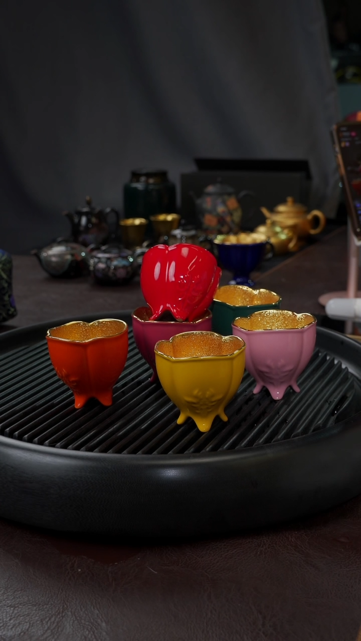 【闪购商品】杯【宜景窑鎏金】6只小逐鹿四方套组