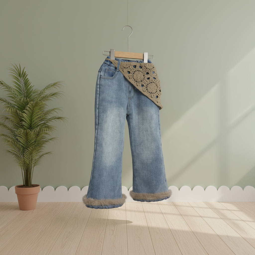 B类洋气百搭牛仔裤儿童牛仔裤高腰冬季女长裤内里仿兔毛