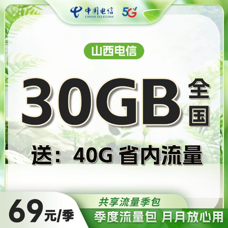 山西电信流量充值 30G流量包全国通用 送40G省内流量 季度包