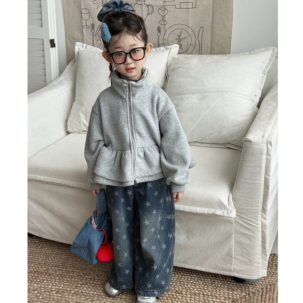 女童外套一体绒冬装2025新款灰色洋气时髦上衣休闲韩版星星牛仔裤