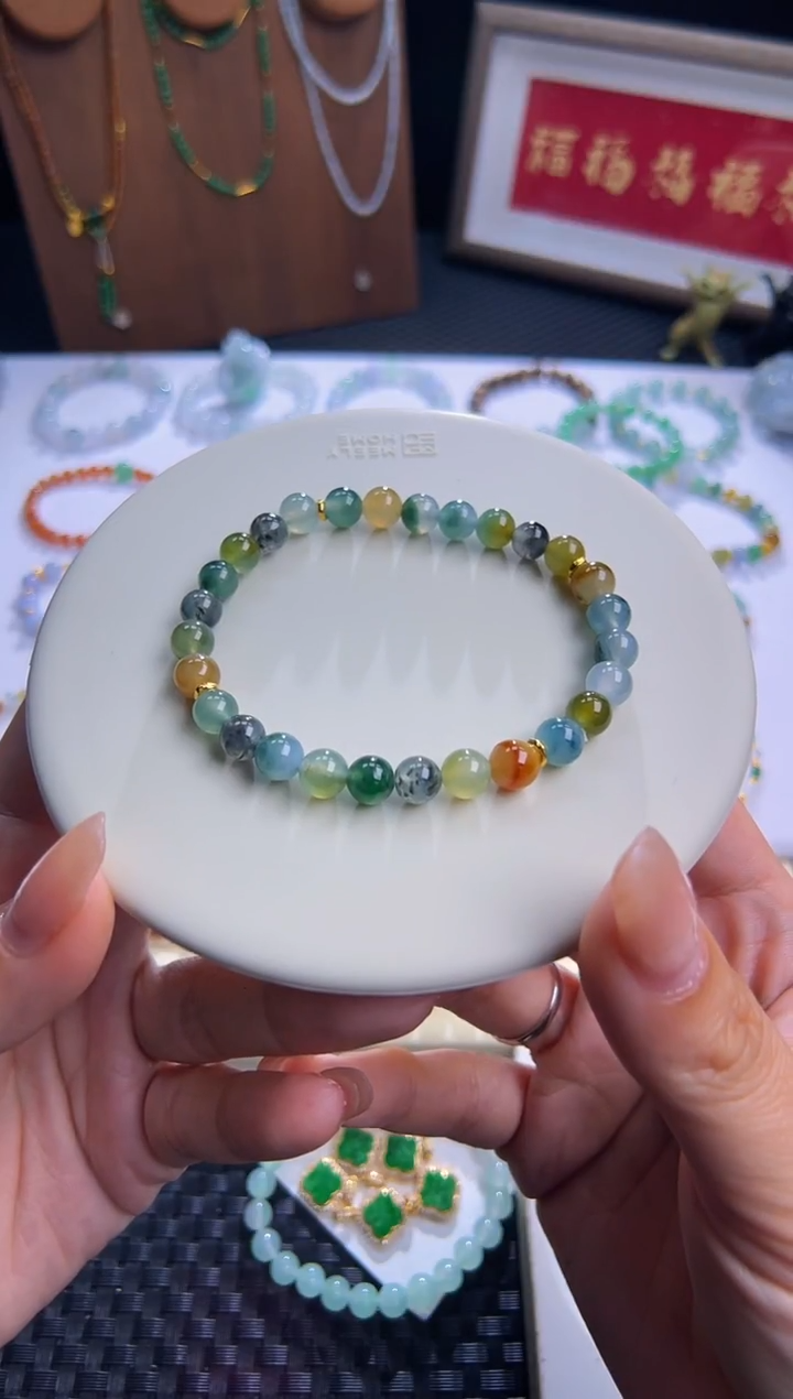 足金镶嵌手串翡翠正冰油画风特色料！卡6加圆珠敦煌色系！高货！