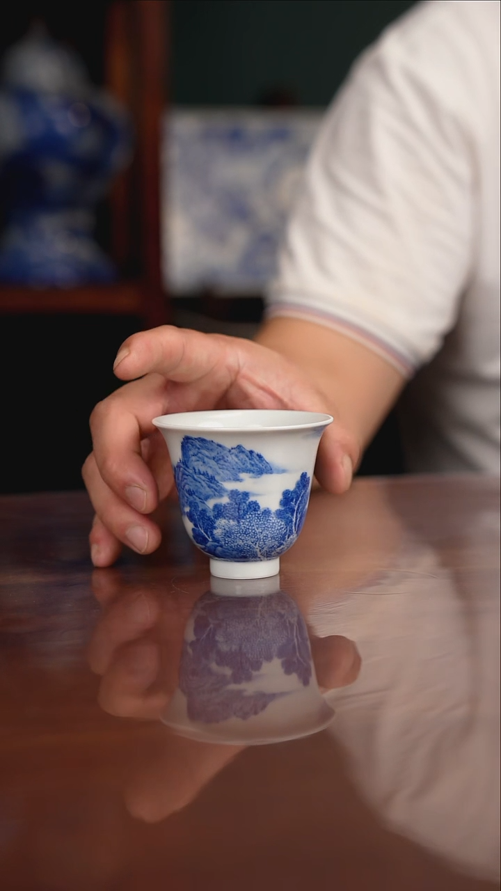 晓月窑青花山水主人杯