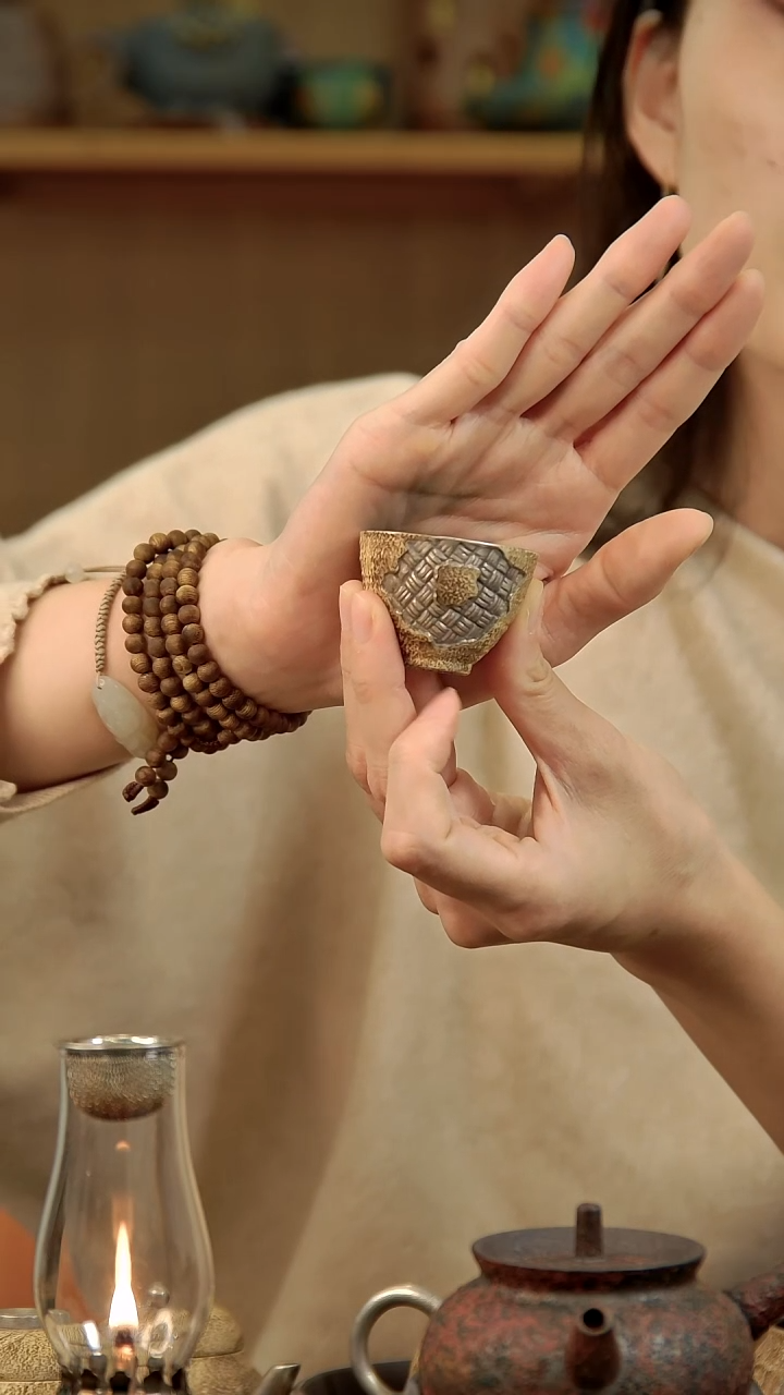 言野手作 粉引仿古藤编杯