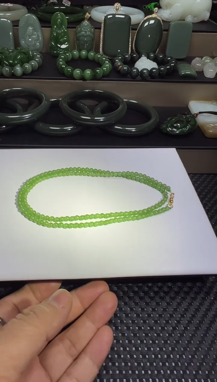 颈饰未镶嵌和田玉【老马】和田玉碧玉苹果绿小米珠链约4mm