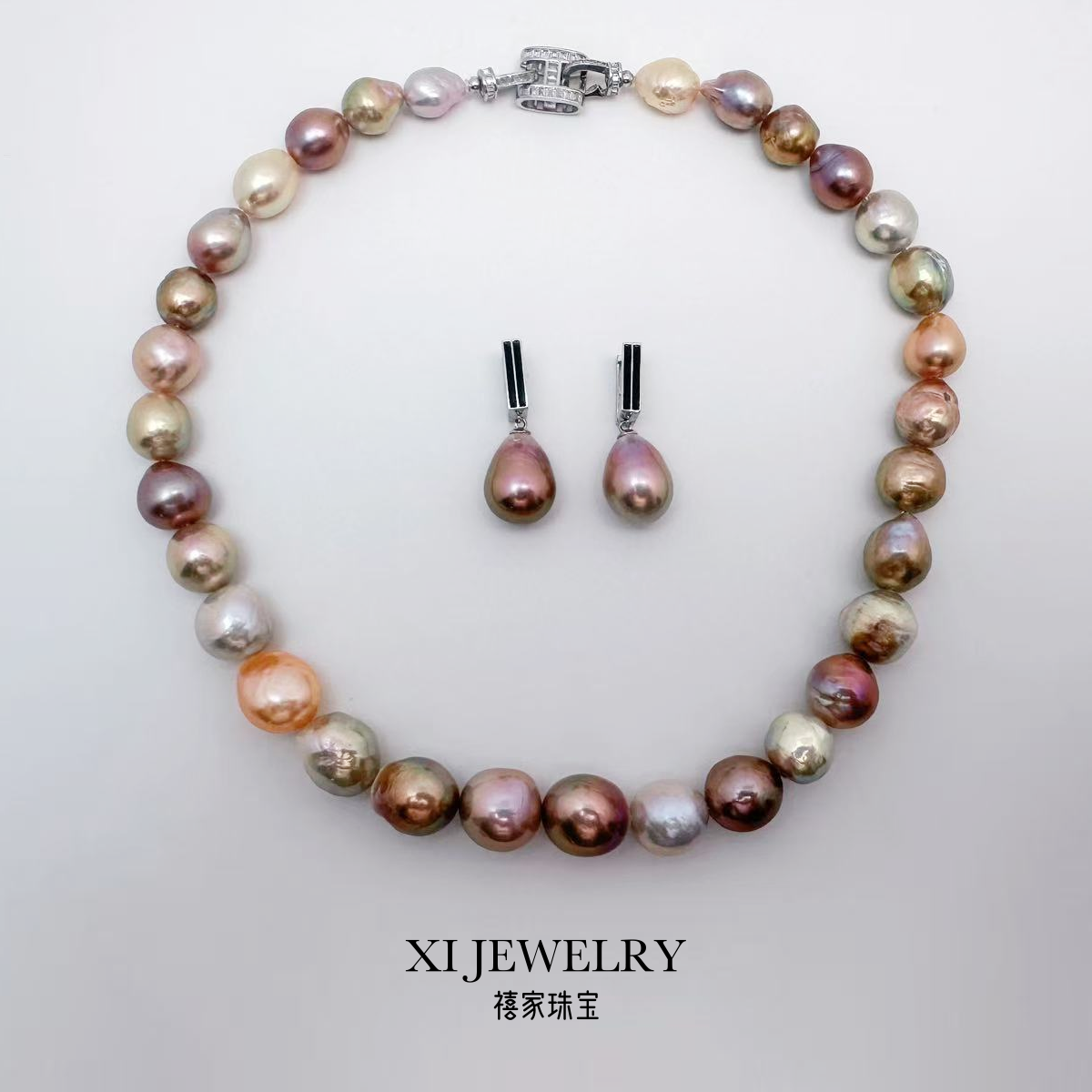 天然淡水珍珠炫巴怪色混彩9-14mmS925银扣头项链套装时尚优雅气质