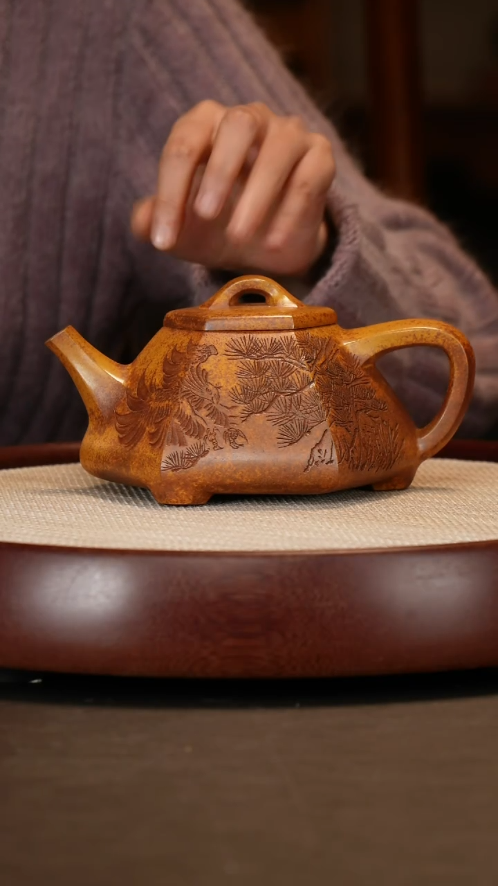 【闪购商品】紫砂茶壶柴烧六方石瓢450c+墨宝三罐茶叶壶承