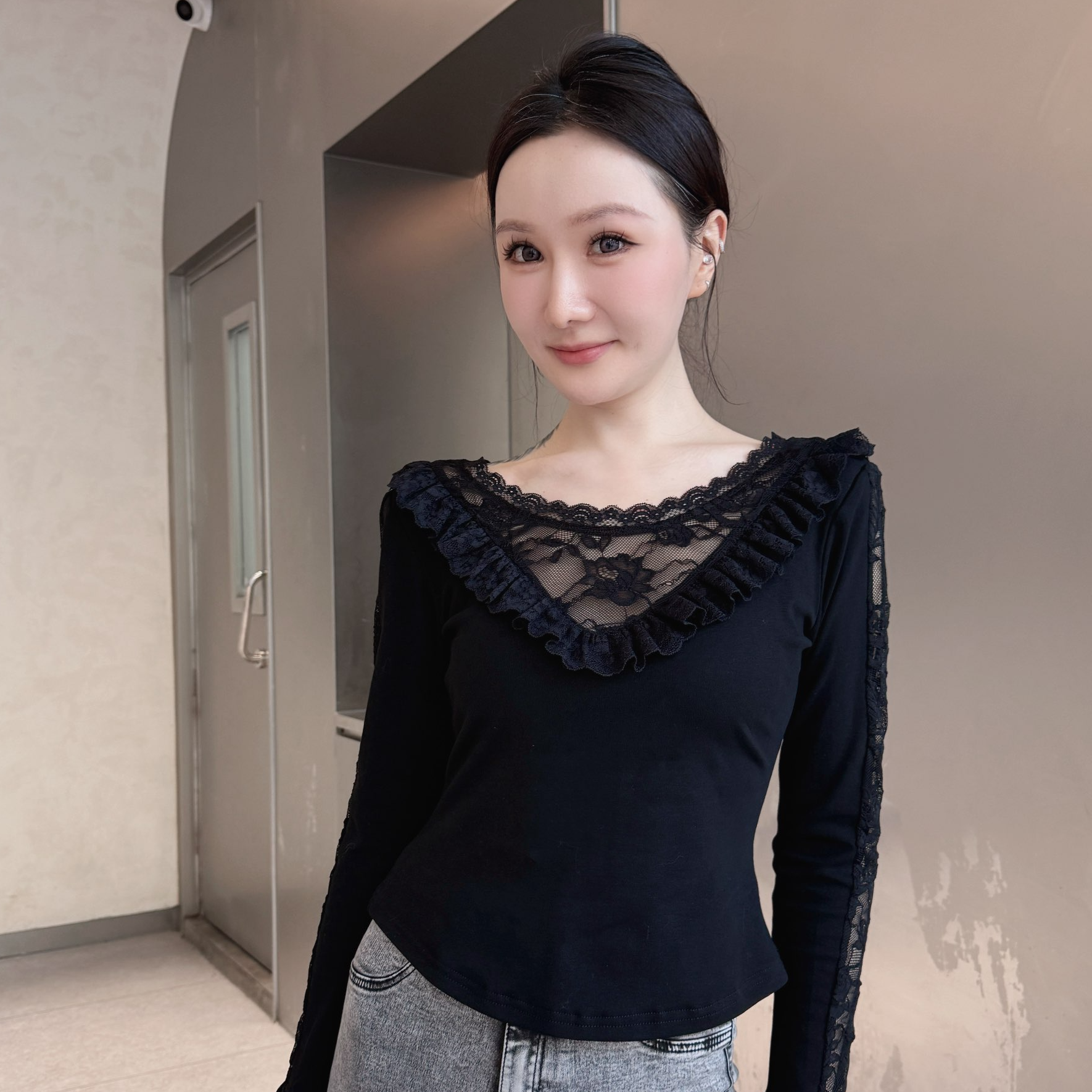 蕾丝黑色长袖蝴蝶结装饰性感气质收腰T恤弹力显瘦修身短款百搭