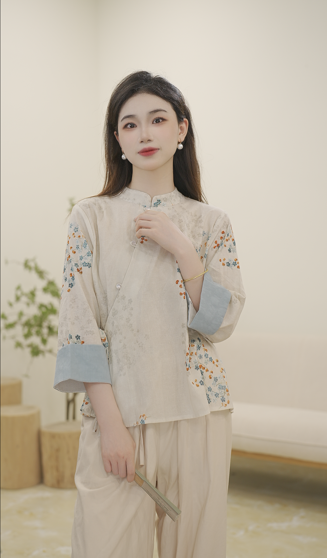 复古立领衬衫女夏季斜襟盘扣上衣宽松百搭禅意茶服