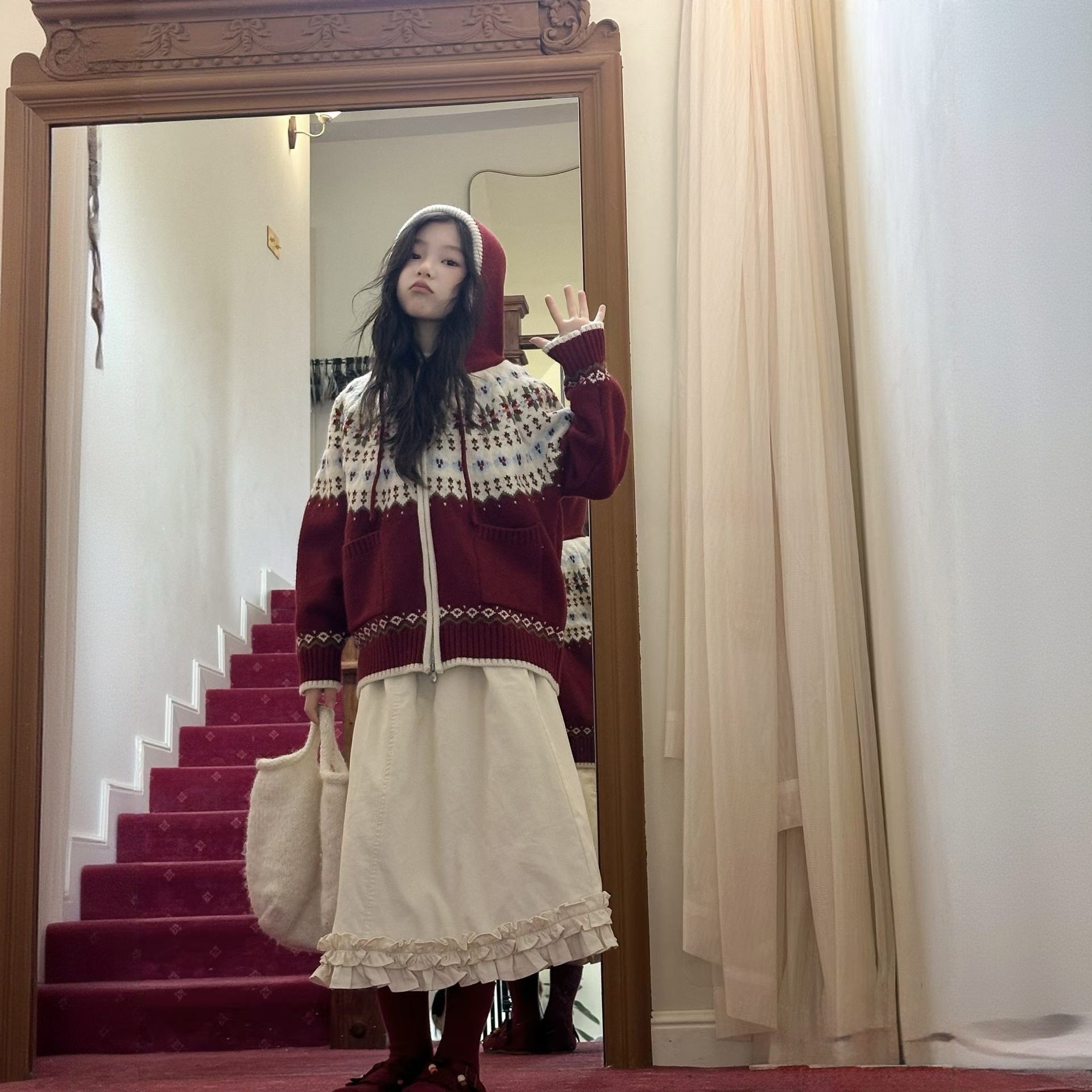 &苏珊&新款冬款带帽款费尔岛红圣诞款新年款红毛衣开衫拉链款