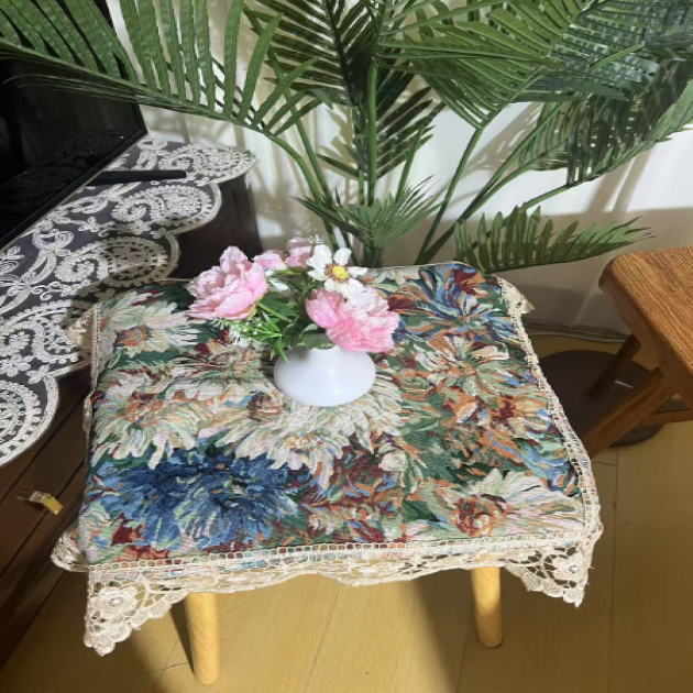 ZN107-3棉麻【60*60】彩菊水溶花边棉麻交织布桌布茶几布莫奈油画