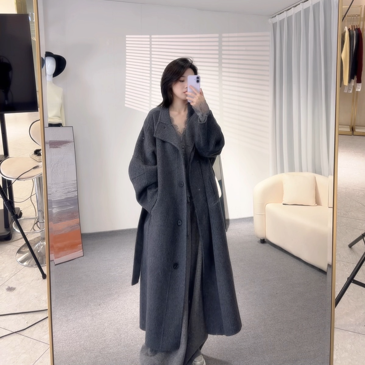 【韩剧女主】落肩袖防风冬季长款毛呢外套宽松过膝长款毛呢GY-021