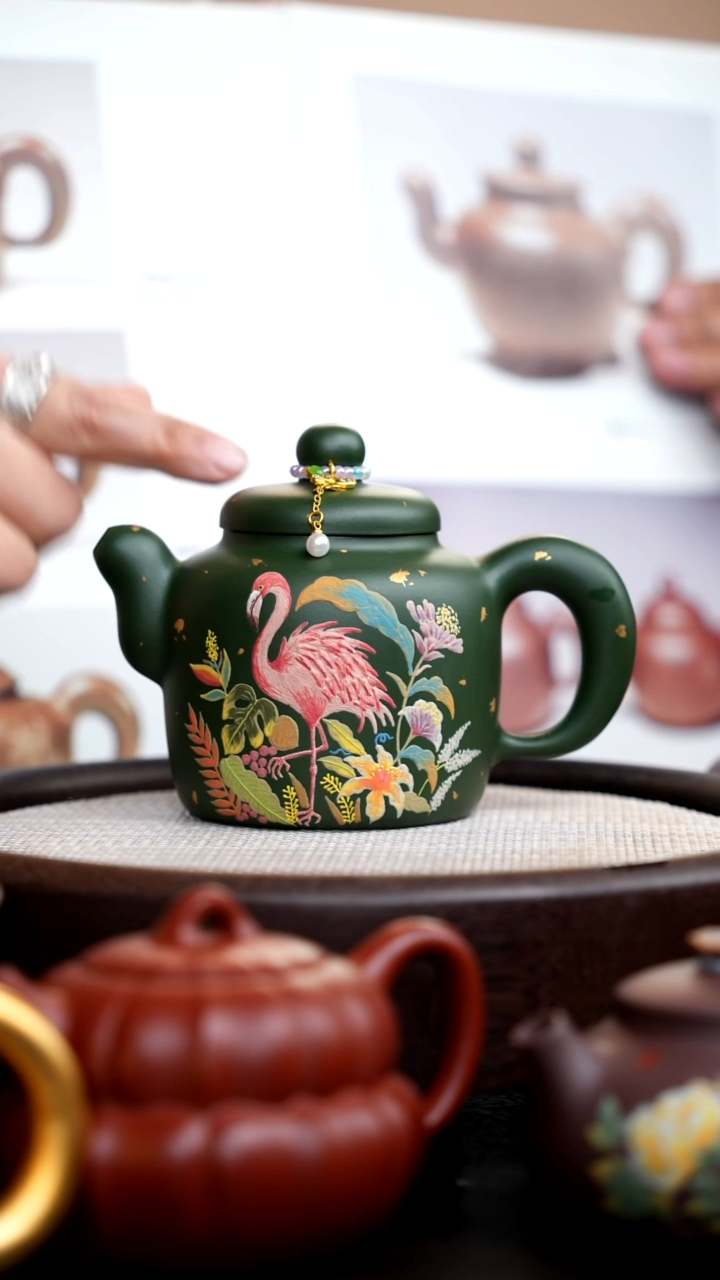 茶壶紫砂民国绿道洪静其泥绘火烈鸟