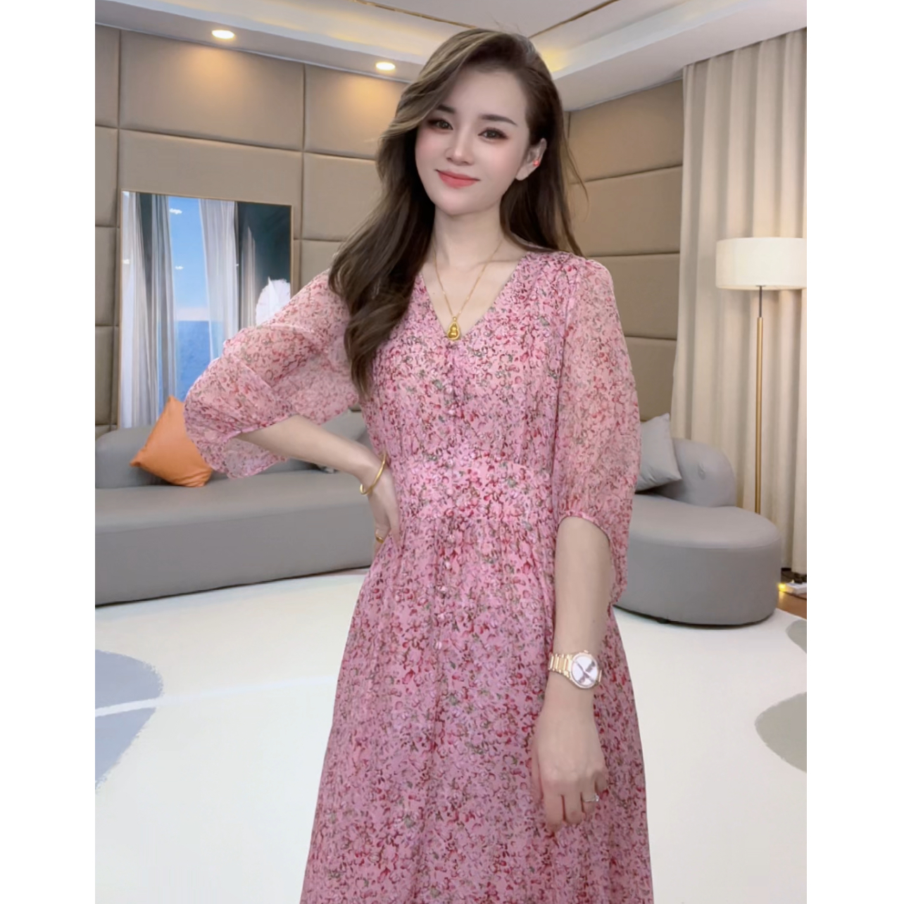 马洛克《静静心选》“粉花美裙”收腰碎花气质显瘦真丝连衣裙80013