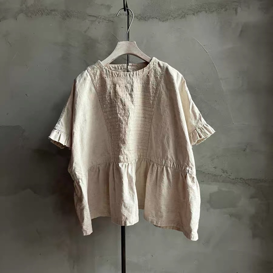 沉香布衣草堂 原创设计老布套头短衫拼接棉籽皱织法每件不同