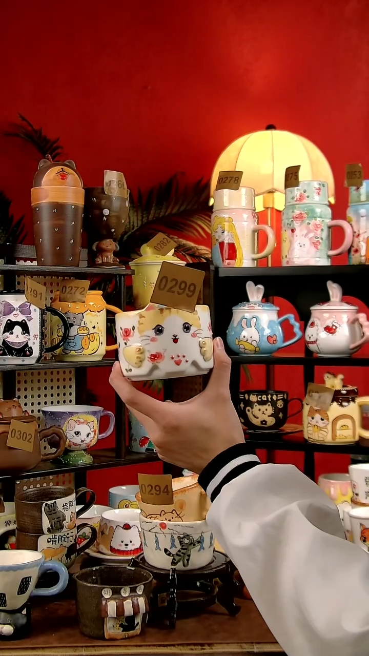 杯子瓷DIY景德镇创意手工陶瓷卡通风猫猫花卉咖啡杯