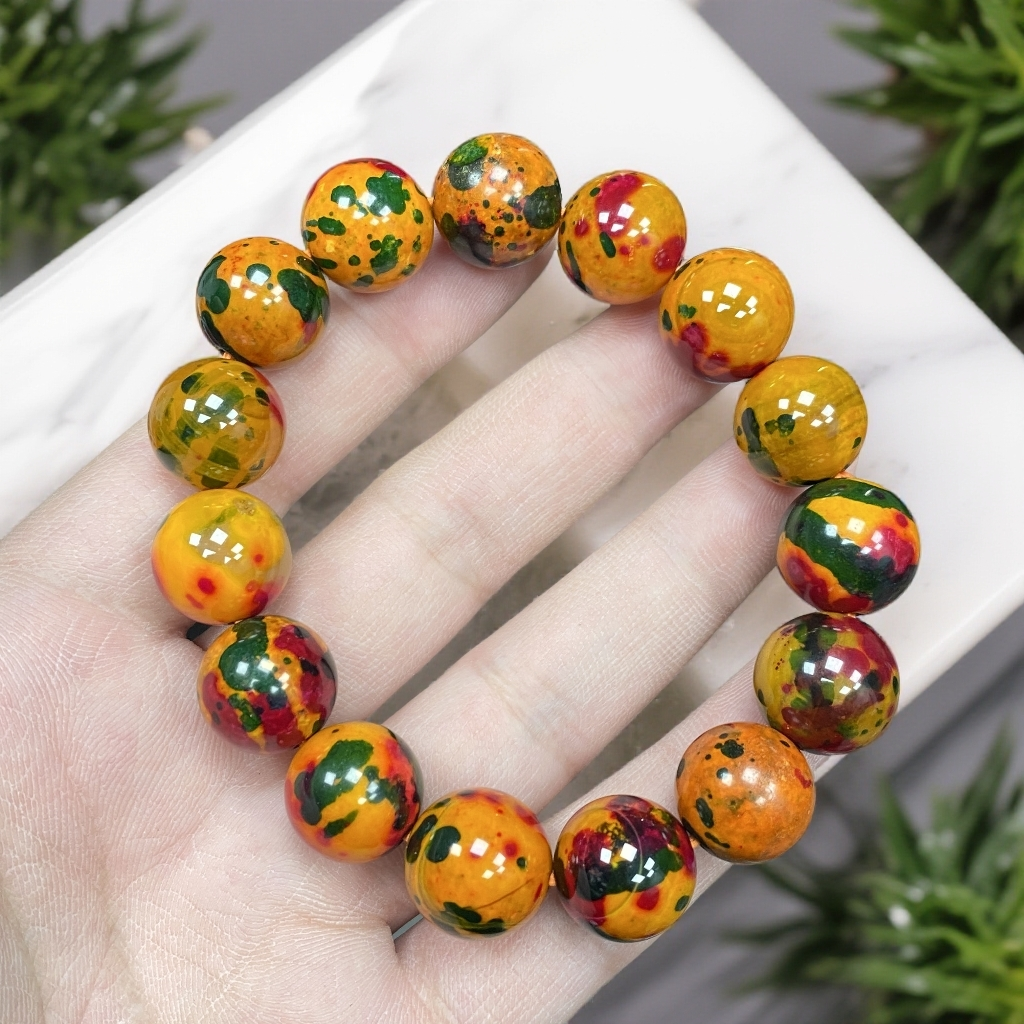 七彩红花玛瑙玉手串尺寸14mm15颗