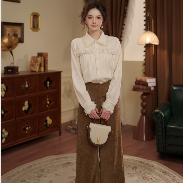 敏恩【白茶矢梦】复古港风秋冬厚款休闲百搭衬衫上衣WE0708464