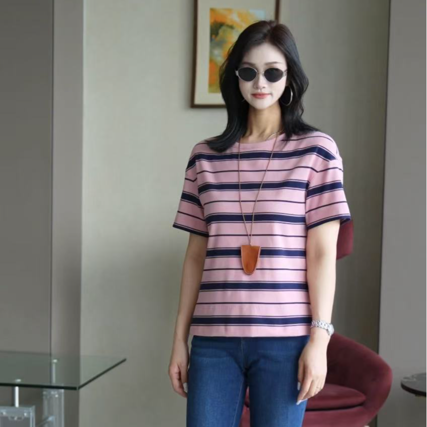 GIRDEAR/哥弟夏季时尚圆休闲领宽松圆领条纹微开叉T恤1300788