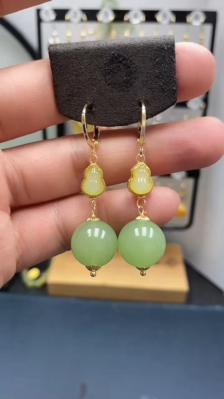 和田玉银S925镀金镶嵌耳饰尺寸14mm耳扣Z1