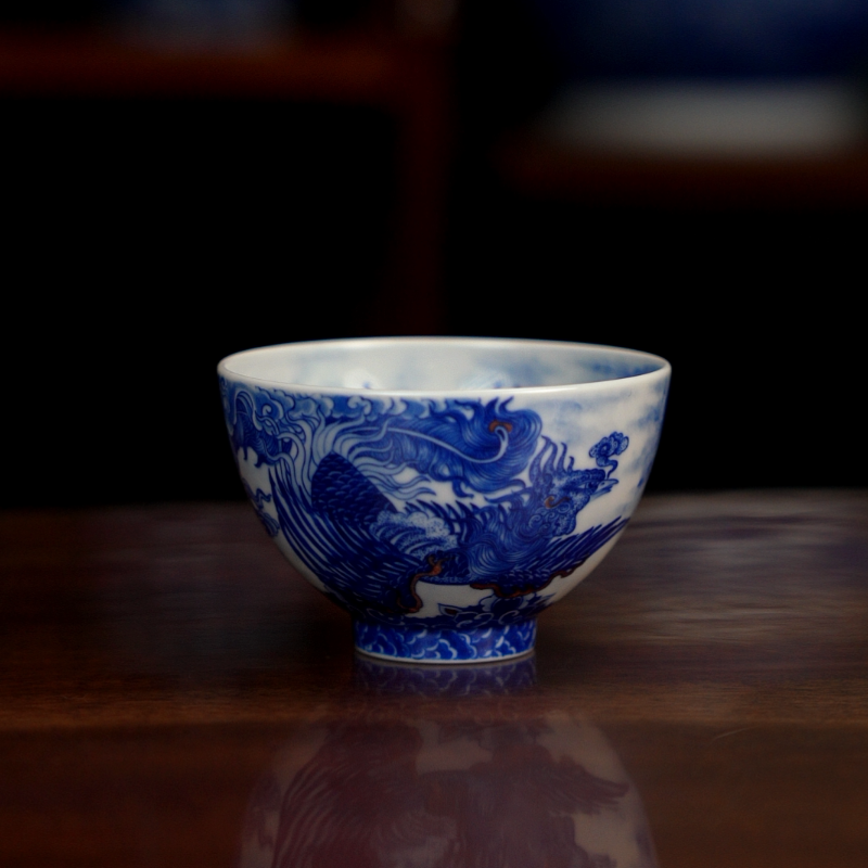 自成堂柴窑青花双凤杯景德镇纯手工陶瓷鸡心杯茶具茶道器具喝茶杯