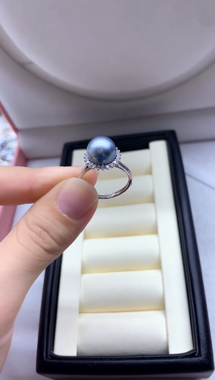 银S925镶嵌戒圈海水珍珠戒指