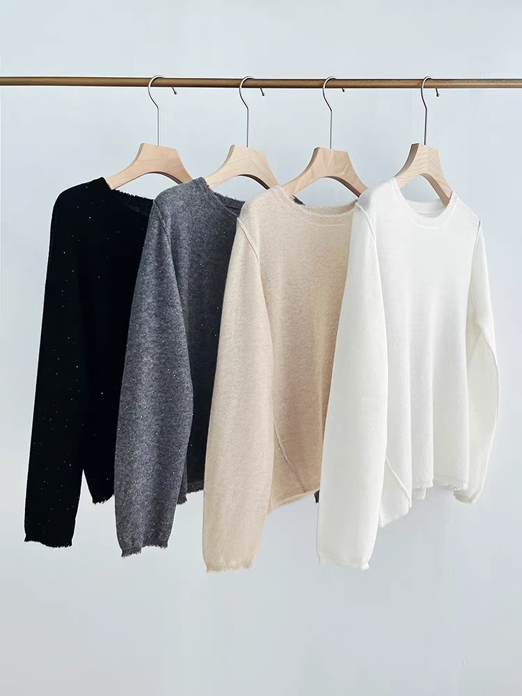 山羊绒含金银丝早秋新品 绵软无感轻薄宽松圆领套头衫X241244