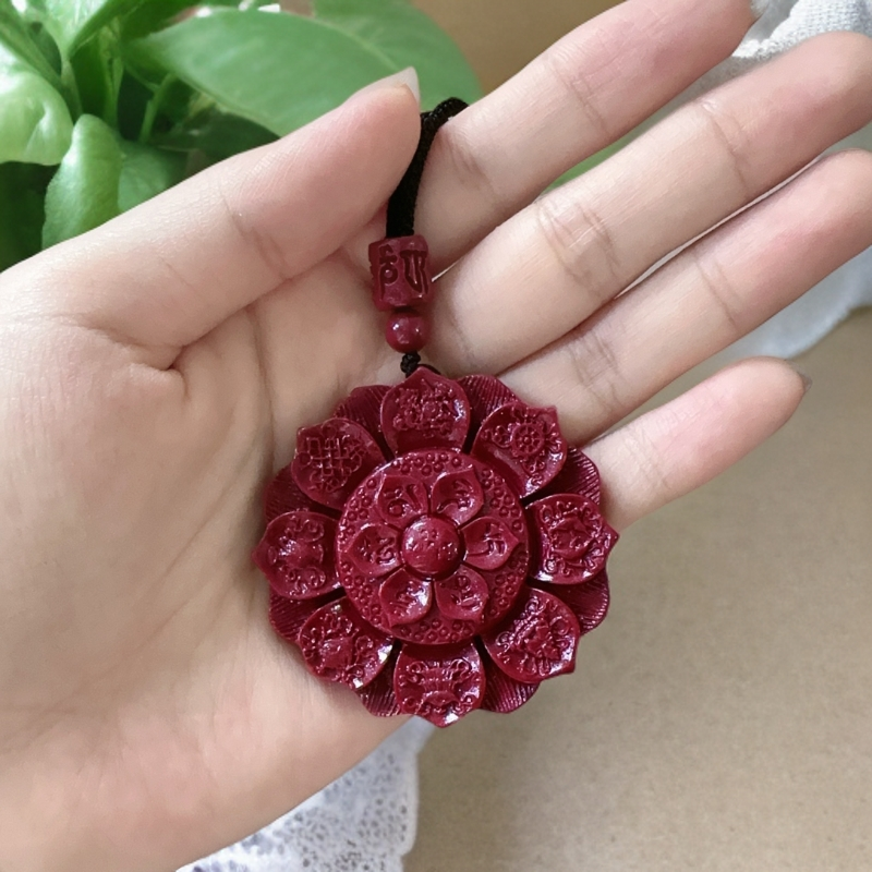 天然辰砂工艺品高含量朱砂八宝莲花六字真言大明咒吊坠
