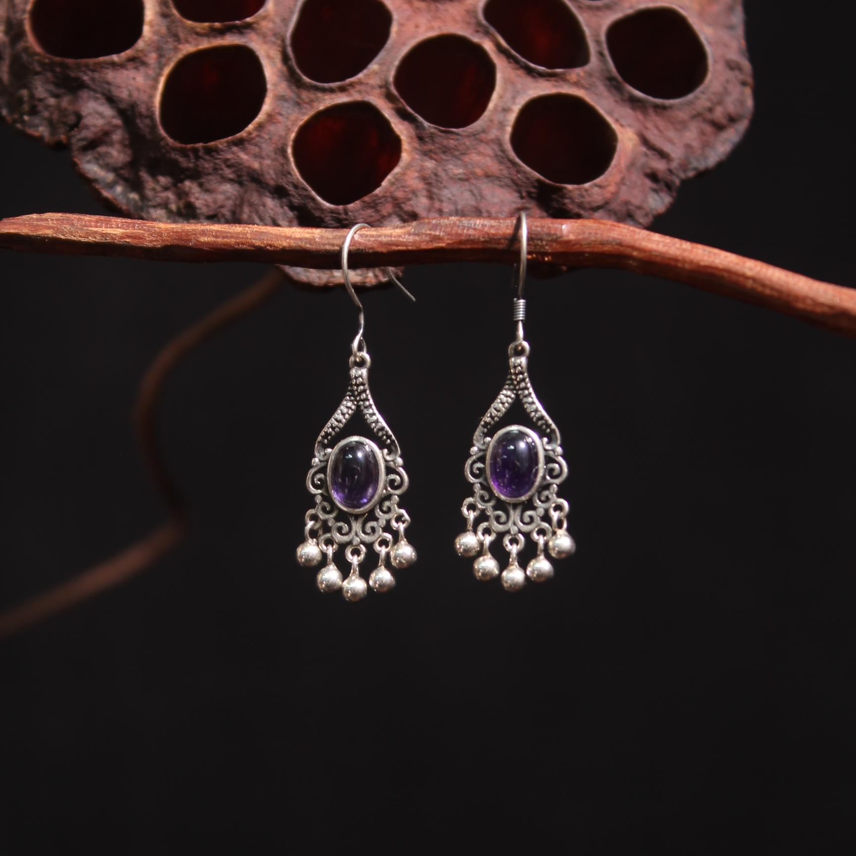 【天然水晶】天然紫水晶耳饰 通体S925银耳坠 耳线 中式耳饰