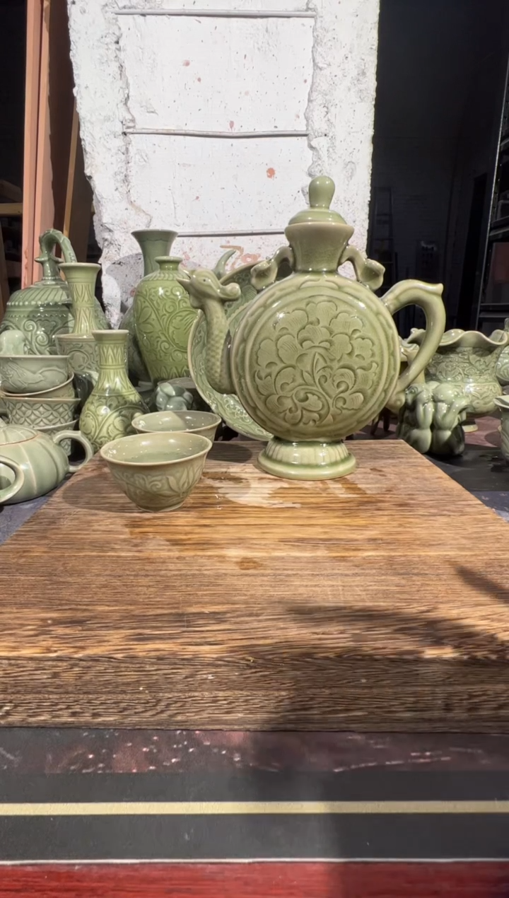 微瑕耀州窑凤鸣壶+莲纹小杯2