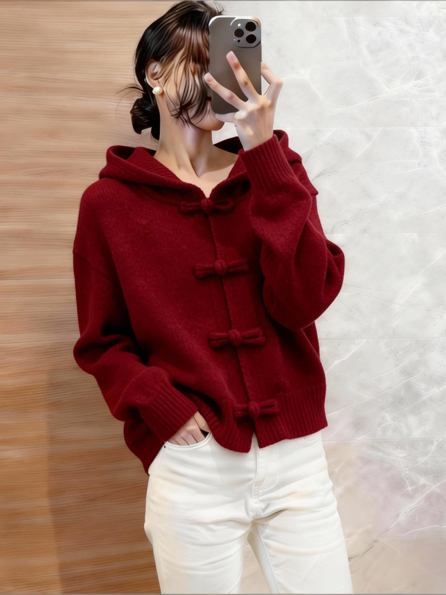 新中式盘扣针织连帽衫女秋冬新款国风复古软糯气质显瘦毛衣外套女