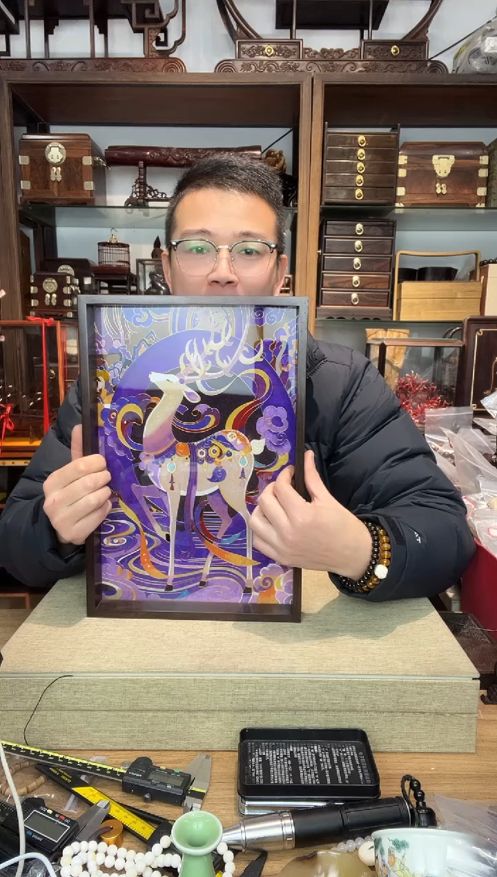 乌木类书架也****.940大红酸枝嵌景泰蓝长方承盘 紫色九色鹿