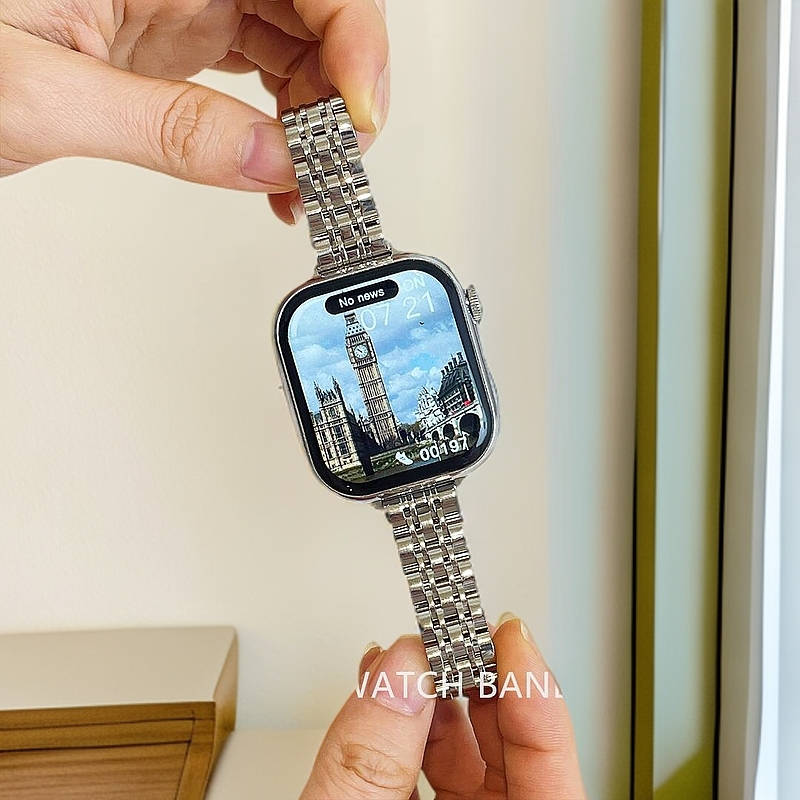适用Appleiwatch11S10S987SE七珠细款小蛮腰钢带金属表带高级感女