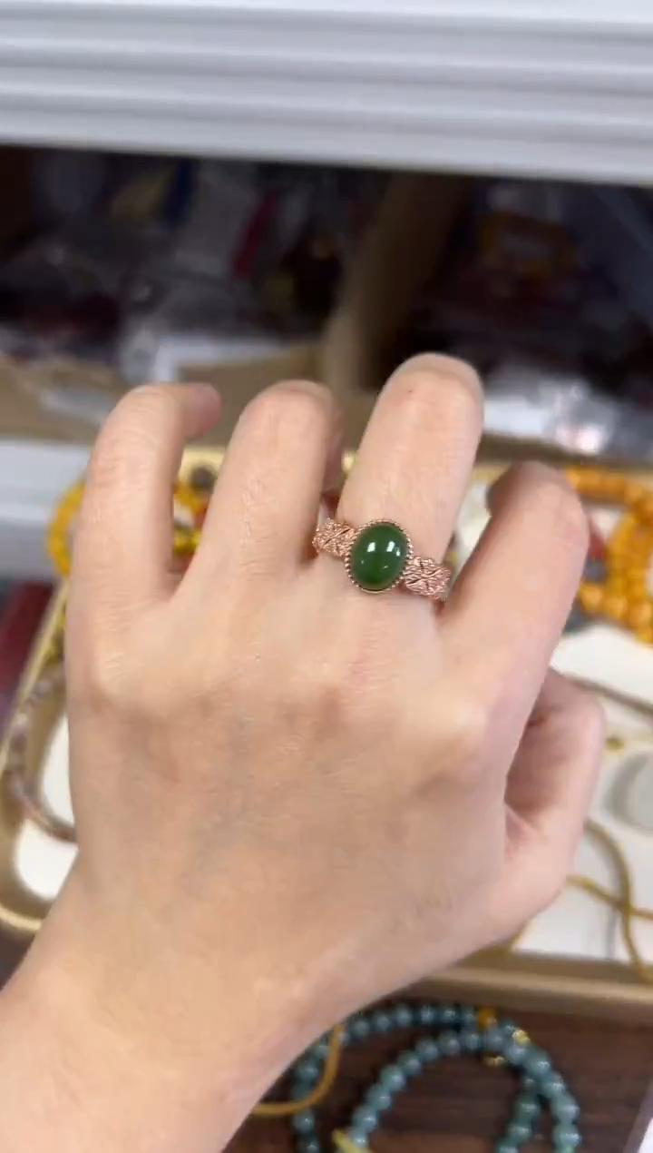 银S925镶嵌戒指和田玉孤品和田玉碧玉银戒指[367]